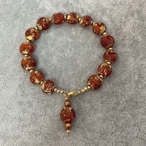 Handmade glass bead freshwater pearl orange gold bracelet